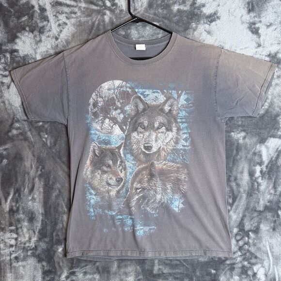 Vintage Y2K Nature Lone Night Wolf Graphic Faded Short Sleeve T-Shirt Size Large - Picture 1 of 7